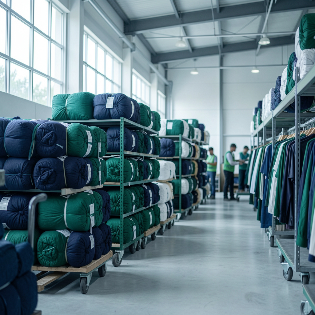 Wholesale apparel warehouse with baled textiles and clothing racks