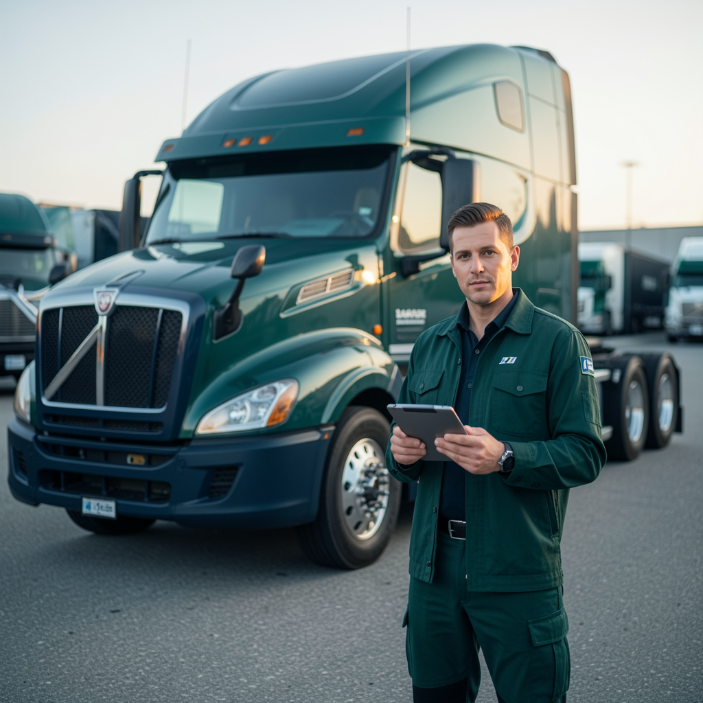 Professional truck driver standing beside his tractor unit