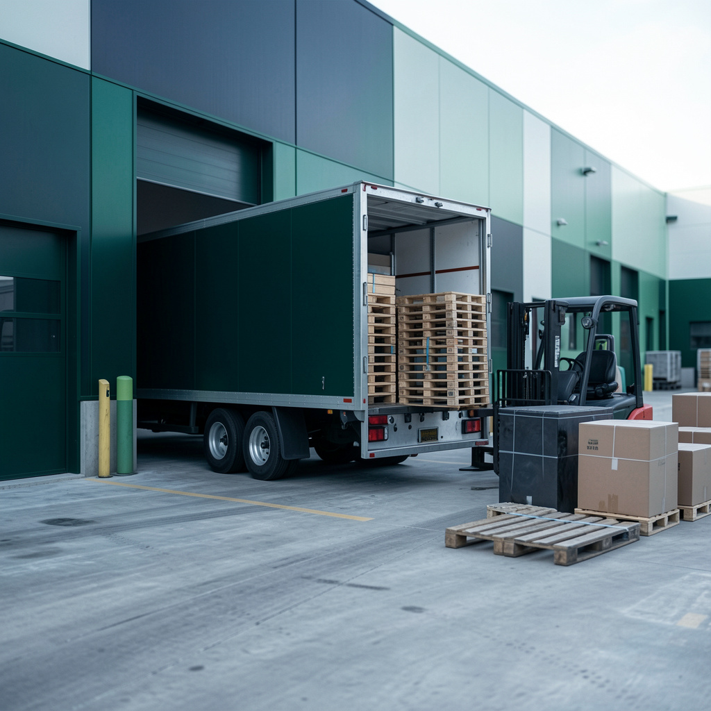 Freight loading dock with trailer and palletized cargo