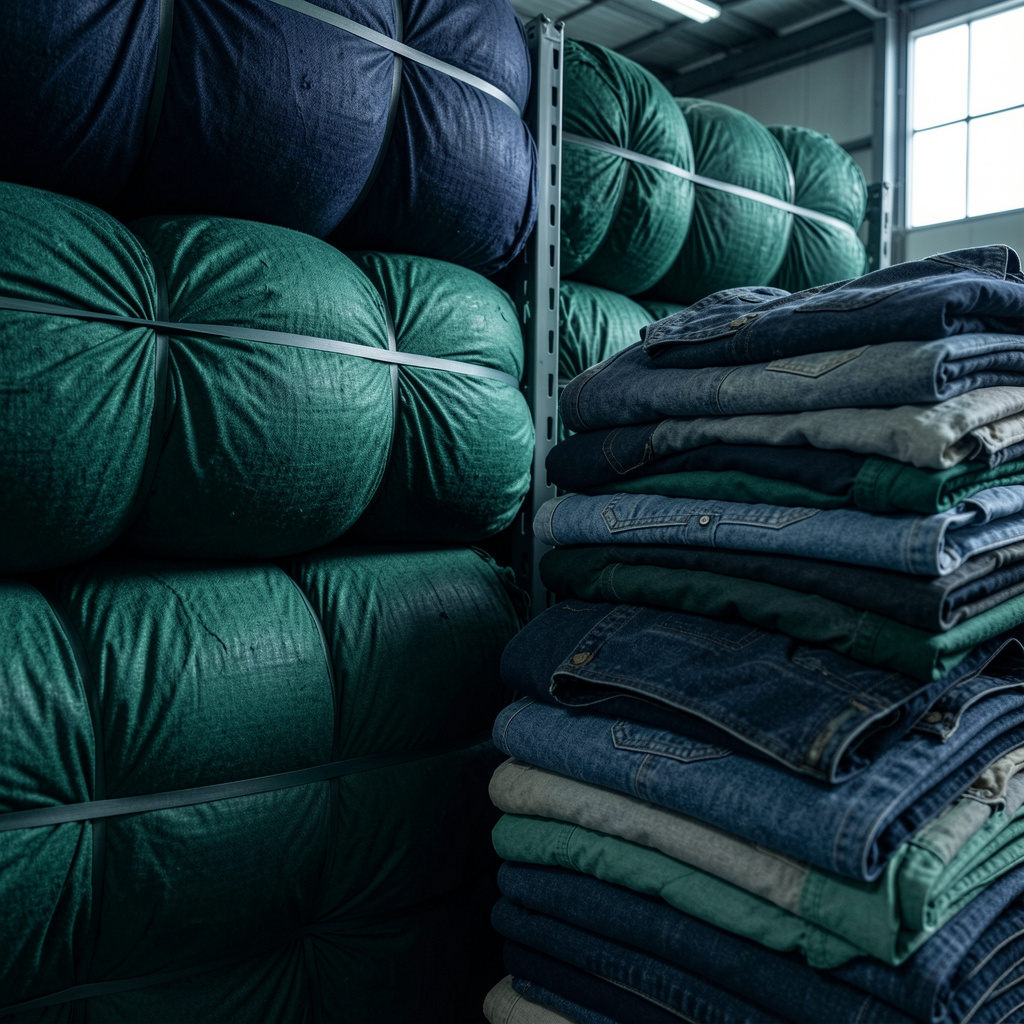 Stacked compressed textile bales in a warehouse