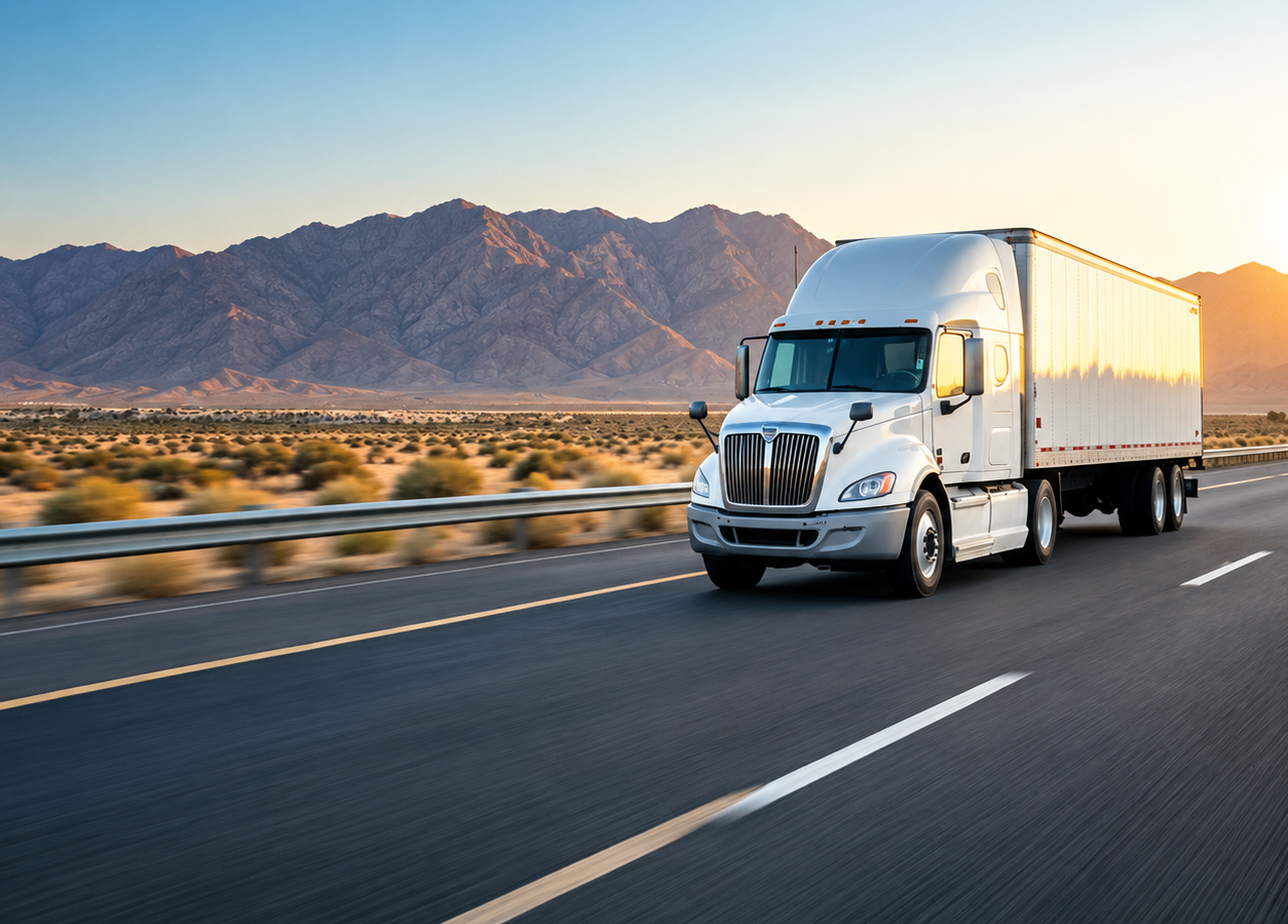 Semi truck with dry van trailer traveling an open highway